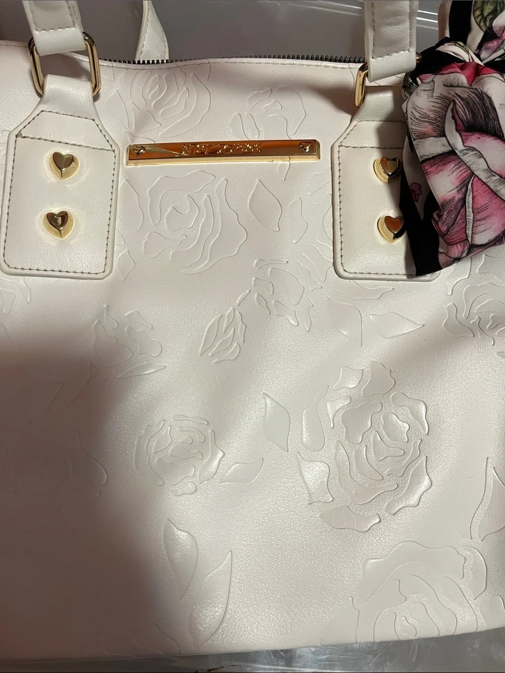 Betsey Johnson White Embossed Floral Satchel with Floral Scarf Accent - Picture 4 of 7